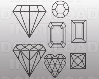 May include: A set of nine black and white line drawings of different diamond shapes. The shapes include a heart, a square, a round, and several different cuts of diamonds.