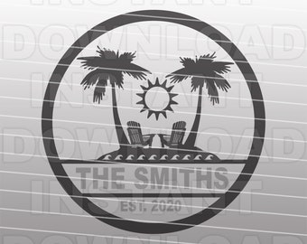 May include: Black and white circular design with two palm trees, a sun, and two lounge chairs on a beach with waves. The text "THE SMITHS EST. 2020" is below the beach scene.