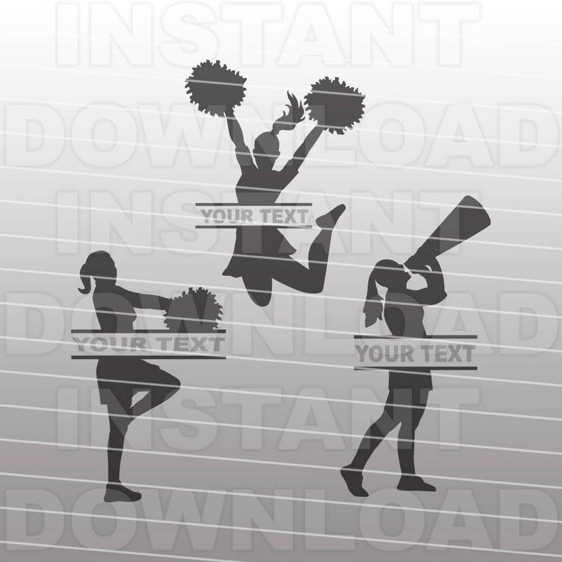 May include: Three black and white silhouette images of cheerleaders. The first image shows a cheerleader holding pom-poms and jumping in the air. The second image shows a cheerleader holding pom-poms and standing with one leg raised. The third image shows a cheerleader holding a megaphone and walking. Each image has a blank space for text that says "Your Text".