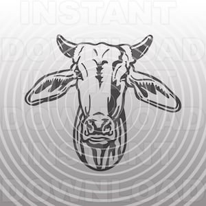 May include: Black and white line art illustration of a cow's head. The cow has large ears and a detailed snout.