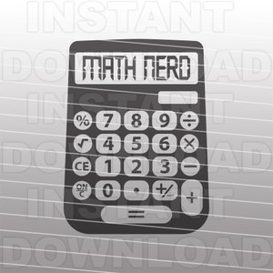 May include: A black and white calculator with the words "MATH NERD" on the display. The calculator has a standard layout with buttons for numbers, operations, and functions.