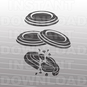 May include: A black and white illustration of three clay shooting targets. One target is whole, and the other two are broken into pieces.