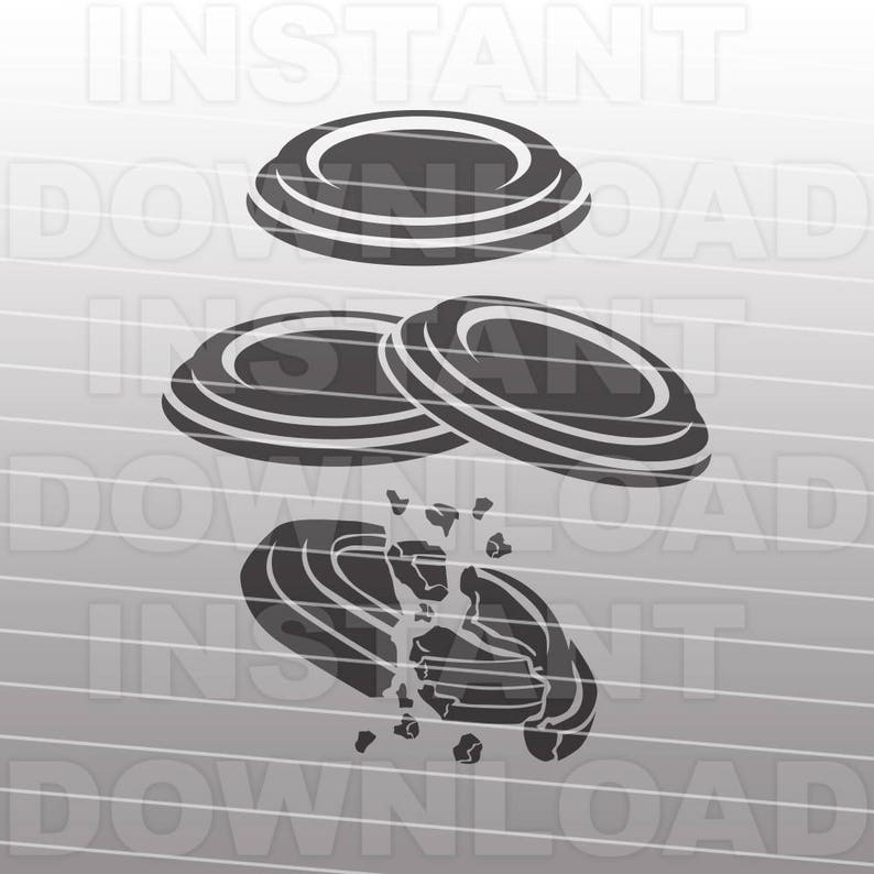 May include: A black and white illustration of three clay shooting targets. One target is whole, and the other two are broken into pieces.