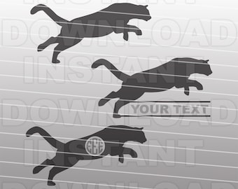 May include: Three black silhouette images of a panther jumping. The middle panther has the text "YOUR TEXT" below it. The bottom panther has a monogram "EEE" on its side.