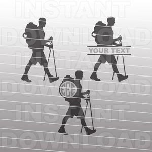 May include: Three silhouette images of hikers with backpacks and walking sticks. The hikers are walking to the right. The middle hiker has a monogrammed circle on their backpack. The bottom image has the text "YOUR TEXT" on a banner.