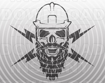 Bearded Electrician Skull with Hard Hat SVG File,Lineman Lineworker SVG -Vector Art Commercial & Personal Use- Cricut,Cameo,Silhouette,Vinyl