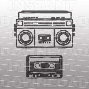 May include: A black and white illustration of a vintage boombox with a cassette tape player below it. The boombox has two speakers, a cassette player, and a radio dial. The cassette tape player has a cassette tape inside.