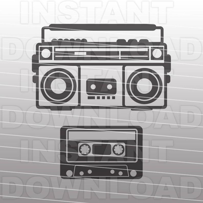 May include: A black and white illustration of a vintage boombox with a cassette tape player below it. The boombox has two speakers, a cassette player, and a radio dial. The cassette tape player has a cassette tape inside.