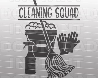 May include: Black and white graphic design of a cleaning squad with a bucket, mop, spray bottle, and gloves. The text "Cleaning Squad" is in a banner above the cleaning supplies.