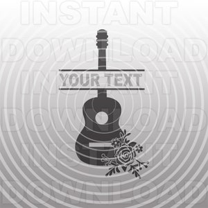 Könnte beinhalten: Schwarz-weiße Gitarrensilhouette mit Platz für Text. Die Gitarre ist mit einem floralen Design verziert. Die Worte "YOUR TEXT" werden in der Mitte des Bildes angezeigt. Der Hintergrund hat ein radiales Design.