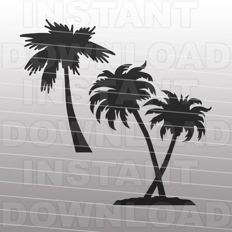 May include: Black silhouette of three palm trees against a light gray background. The trees have long trunks and detailed fronds, with one tree leaning to the left and two trees leaning to the right.
