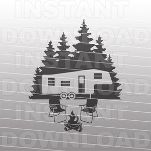 Fifth Wheel RV Camper with Campfire SVG File -Vector Clip Art for Commercial & Personal Use- Cricut,Cameo,Silhouette,Iron On Vinyl,Vinyl Cut
