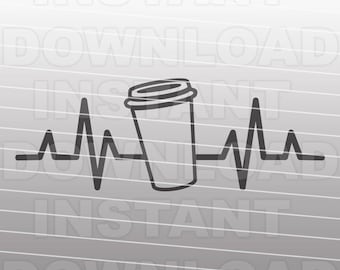 コーヒー SVG ファイル、EKG ハートビート コーヒー svg - 商用および個人使用向けベクター アート - Cricut、シルエット、カメオ、ビニール デカール、アイロン ビニール