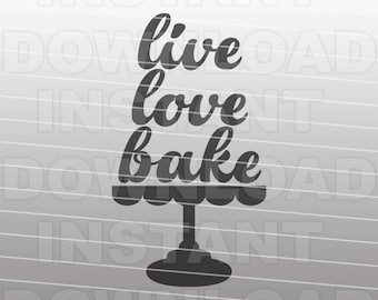 Op de afbeelding: Zwart-wit grafisch ontwerp met de tekst "live love bake" op een taartstandaard.