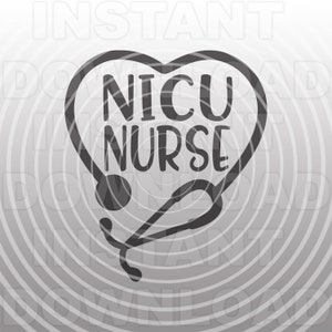 May include: Black and white graphic design of a stethoscope in the shape of a heart with the text "NICU NURSE" inside the heart.