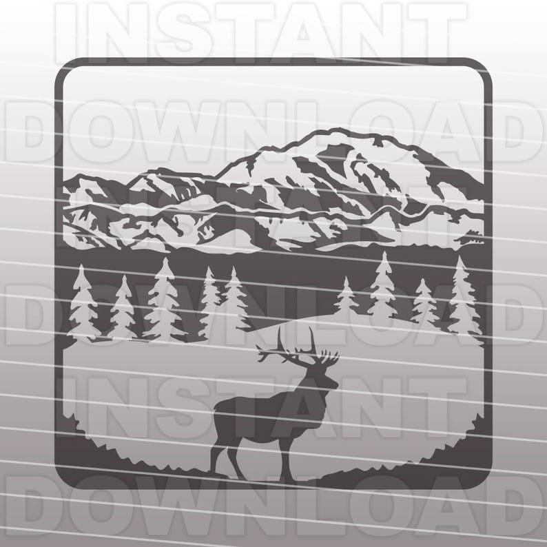 May include: A black and white silhouette of a mountain range with a forest in the foreground and a large elk standing in the snow.