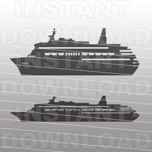 May include: Silhouette of two cruise ships, both with multiple decks and windows, against a gray background with diagonal lines.