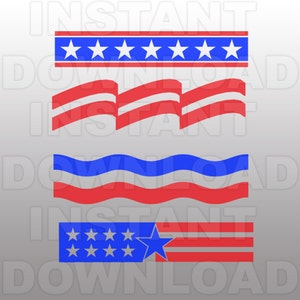 May include: Three different designs of American flag graphics. The first design is a red, white, and blue striped banner with a row of white stars on a blue background. The second design is a wavy red, white, and blue striped banner. The third design is a red, white, and blue striped banner with a row of white stars and a large blue star on a blue background.