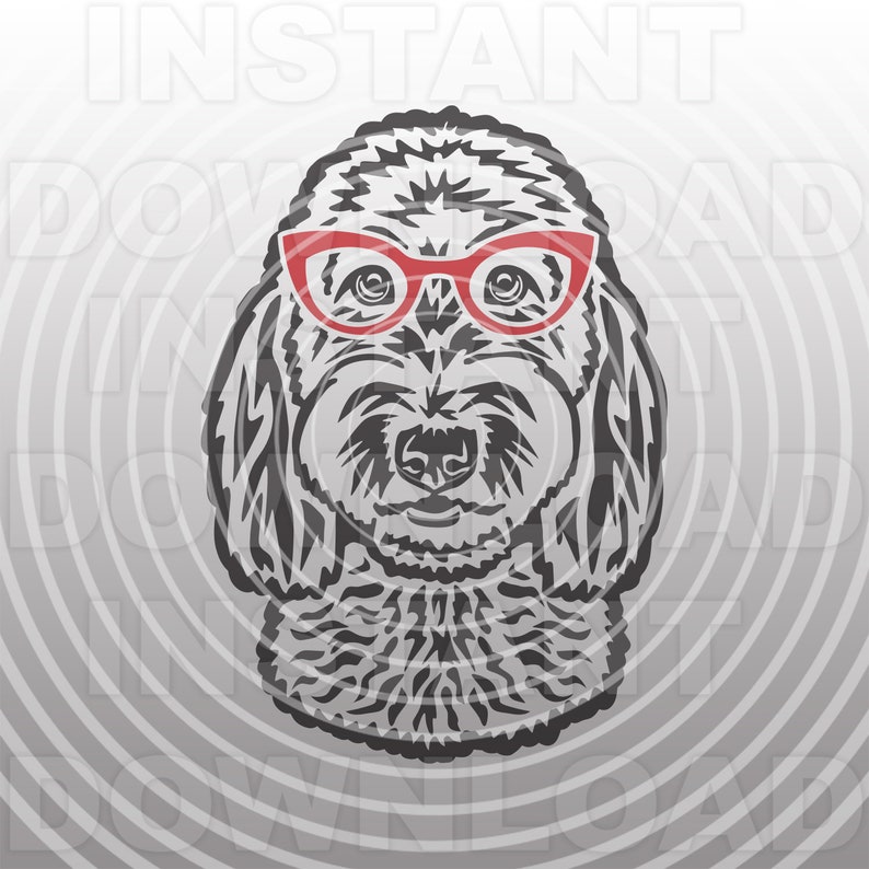 May include: A black and white illustration of a poodle wearing red-rimmed glasses. The poodle's fur is curly and fluffy.