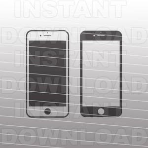 Könnte beinhalten: Zwei schwarze und weiße Smartphone-Silhouetten mit abgerundeten Ecken und einem Home-Button unten. Die Smartphones stehen nebeneinander vor einem grauen Hintergrund.