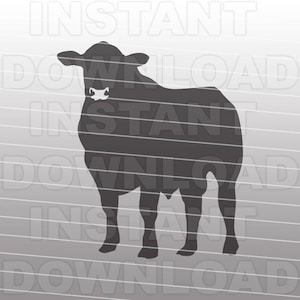 May include: Silhouette of a black cow standing on a white and gray striped background.
