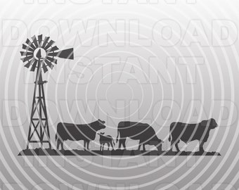 May include: A black and white silhouette of a windmill with four cows and a calf in a field. The windmill has a traditional design with a large wheel and blades. The cows are standing in a line, with the calf in front of them. The background is a gray gradient with concentric circles.