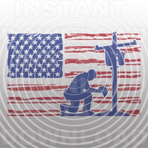 Lineman Electrician Utility Worker Kneeling Praying Memorial Cross Distressed USA Flag SVG File -Commercial/Personal Use- Cricut,Silhouette