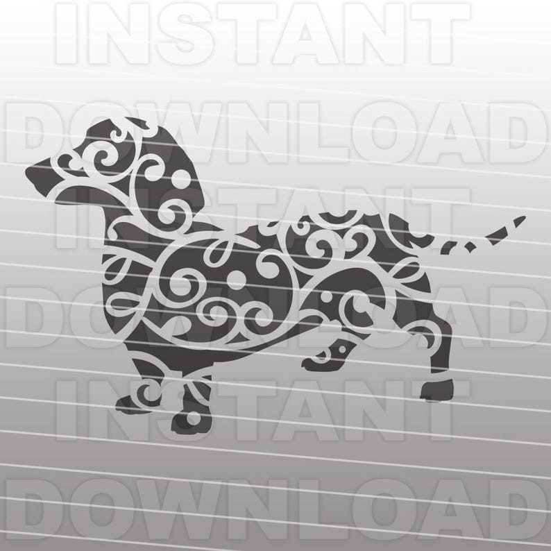 May include: Black and white silhouette of a dachshund dog with a decorative floral pattern. The dog is standing on all four legs with its tail curled up.