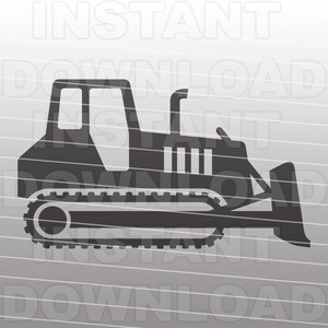 May include: A black silhouette of a bulldozer with a large blade. The bulldozer has a cab with a window and a large track system.