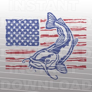 May include: A blue catfish silhouette is superimposed on an American flag with red and white stripes and blue stars. The flag has a distressed, vintage look.