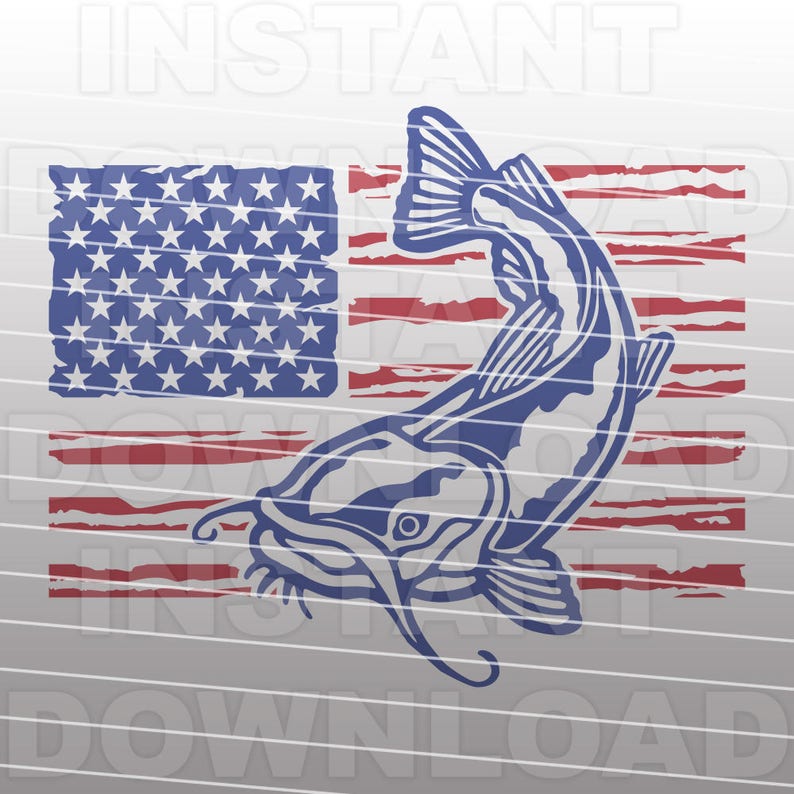 May include: A blue catfish silhouette is superimposed on an American flag with red and white stripes and blue stars. The flag has a distressed, vintage look.