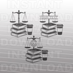May include: Three black and white scale designs with a stack of books and a coffee cup. The first design has the text "YOUR TEXT" on the scale. The second design has a monogram on the scale. The third design has no text.