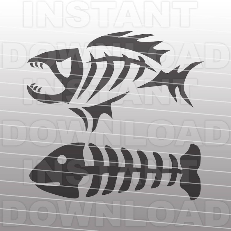 May include: Two black and white stylized fish skeletons. The top fish is larger and has a more detailed design. The bottom fish is smaller and simpler.