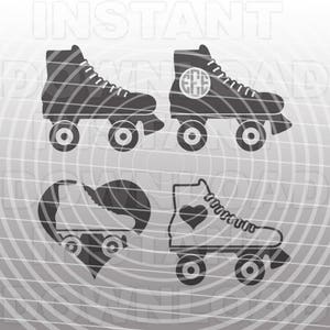 May include: Four black and white roller skate designs. Two are single skates with wheels, one has a heart on the side, and one has a circle with letters inside. The other two are heart-shaped designs with a roller skate inside.