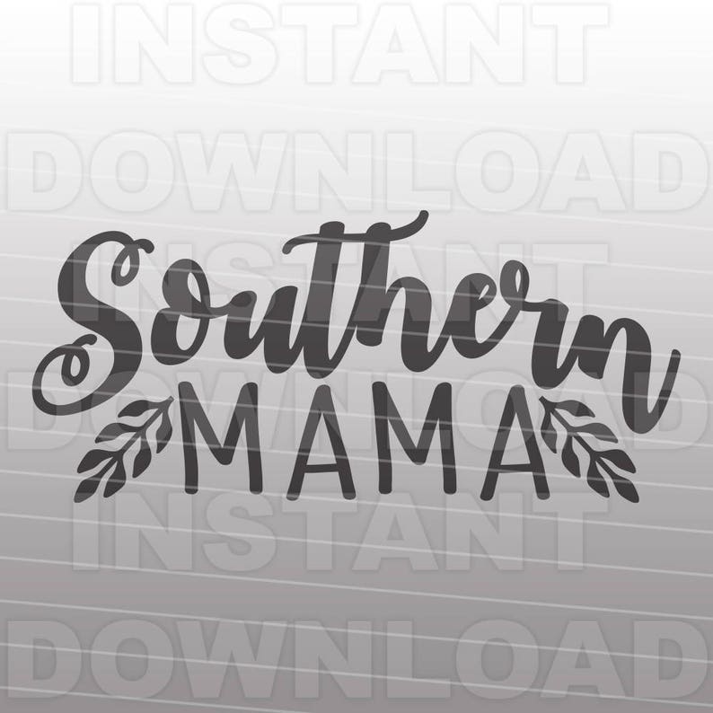 Op de afbeelding: Zwart-wit grafisch ontwerp met de tekst "Southern Mama" in een gestileerd lettertype. De tekst wordt omringd door twee kleine, bladerrijke takken.