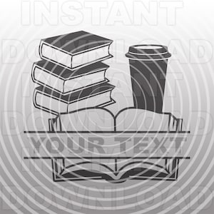 May include: A black and white illustration of a stack of books, a coffee cup, and an open book with the text "YOUR TEXT" on a banner.