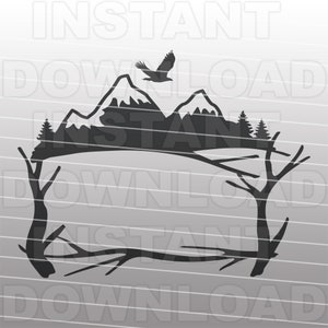 May include: Silhouette of a mountain range with a bird flying overhead, two trees on either side of the image, and a snow-capped mountain peak in the centre.