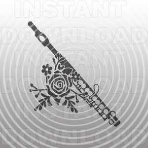 May include: A black and white silhouette of a flute with floral embellishments. The flute is decorated with a rose and leaves.