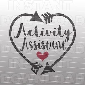 May include: Black and white graphic of a heart with arrows pointing in a circle around the text "Activity Assistant". A small red heart is inside the heart graphic.