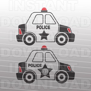 May include: Two black and white police car illustrations. Each car has a red light on top, the word "POLICE" on the side, and a black star. One car has a star with the letters "GEE" inside.