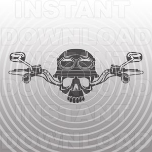 May include: A black and white illustration of a skull wearing a motorcycle helmet and goggles with handlebars extending out to the sides.