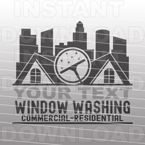 Op de afbeelding: Zwarte en witte silhouet van een stadsbeeld met een ruitenwisser in een cirkel. De tekst "WINDOW WASHING COMMERCIAL - RESIDENTIAL" staat onder de afbeelding.
