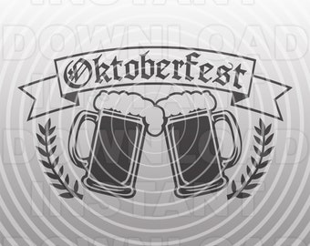 Puede incluir: Ilustración en blanco y negro de dos jarras de cerveza chocando con una pancarta que dice "Oktoberfest".