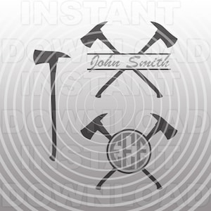 May include: A black and white design featuring two crossed axes with a circle containing the letters "J.S." in the center. The axes are crossed over a banner with the text "John Smith".
