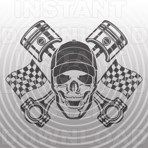 Racing Skull SVG-Datei, gekreuzte Kolben SVG, Racing Flagge SVG, Motorsport Skull svg, Vektorkunst, kommerzieller-persönlicher Gebrauch-Silhouette Cameo, Cricut