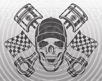 Racing Skull SVG File,Crossed Pistons SVG,Racing Flag SVG,Motorsports Skull svg,Vector Art,Commercial-Personal Use-Silhouette Cameo,Cricut