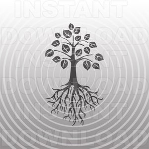 May include: A black silhouette of a tree with roots extending out from the base of the trunk. The tree has a simple design with leaves and branches. The background is a grey gradient with concentric circles.