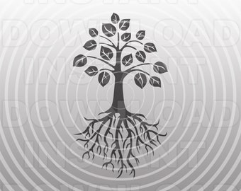 May include: A black silhouette of a tree with roots extending out from the base of the trunk. The tree has a simple design with leaves and branches. The background is a gray gradient with concentric circles.