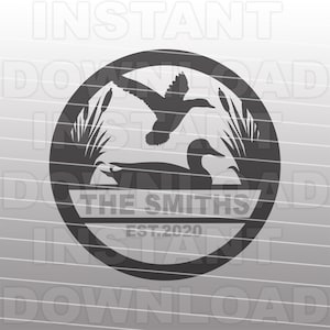 May include: A black and white silhouette of two ducks in a circle with a banner that reads "The Smiths Est. 2020". The ducks are in a marsh setting with reeds.