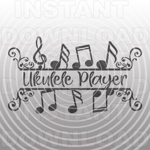 Könnte beinhalten: Schwarzweißes Grafikdesign mit Noten und dem Text "Ukulele Player".